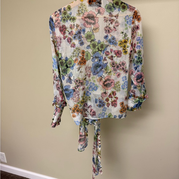 ALEXIS Floral Wrap Blouse Ruffle Sheer Chiffon Tie Waist Size S - Picture 4 of 6